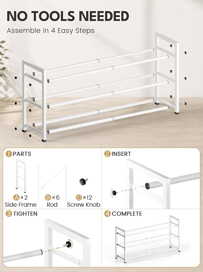 Bumusty 3 Tier Expandable Shoe Rack for Closet, White | 18"-33" Adjustable Shoe Rack for Entryway, Small Shoe Organizer for Dorm, Front Door, Sturdy Metal - Image 8