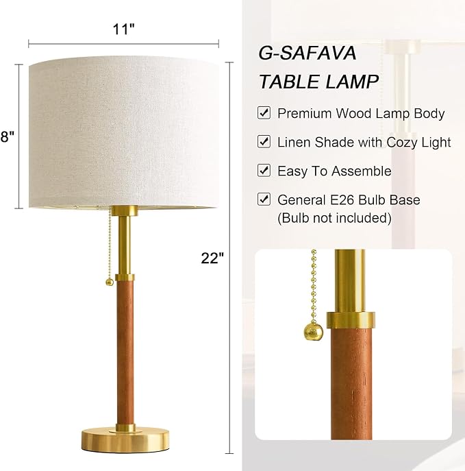 22" Wood Table Lamps Mid Century Modern Lamp for Bedroom Living Room Bedside Lamps for Night Stands Nightstand Lamp with Pull Chain Gold Small Side End Table Lamps Set of 2 Vintage Deco Gifts - Image 2