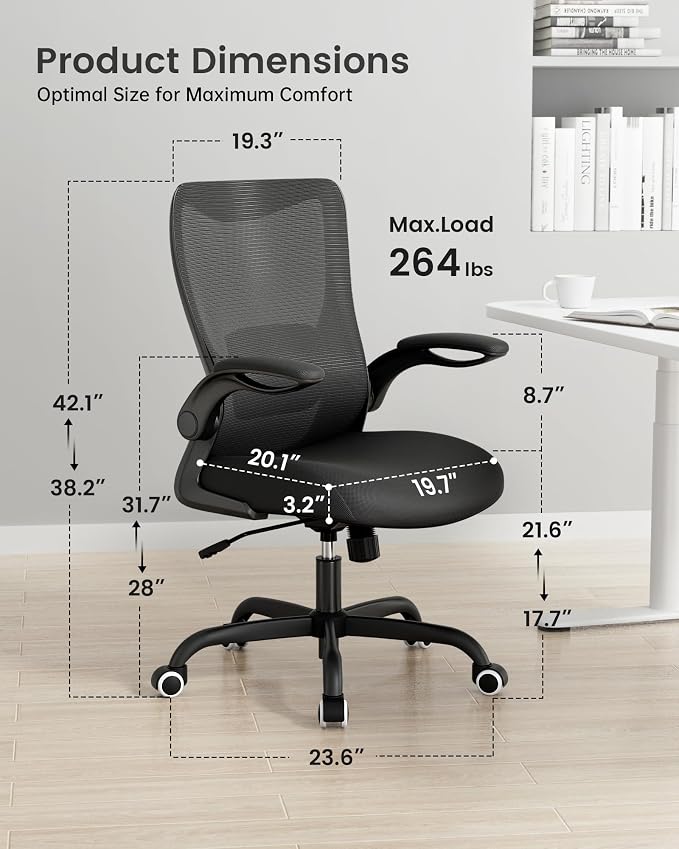 Office Chair, Ergonomic Desk Chair with Adjustable Lumbar Support and Flip up Armrest, Breathable Mesh Computer Chair for Home Office, Black - Image 2