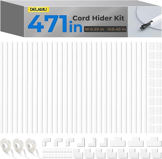 Delamu Cord Hider, 471in Total Cord Covers for Wires on Wall, Paintable Cable Cover for Wall Mounted TV, Easy Install Cable Raceways to Hide 1-2 Cords, 30 Pack, Each 15.7"L x 0.59"W x 0.40"H, White by DELAMU