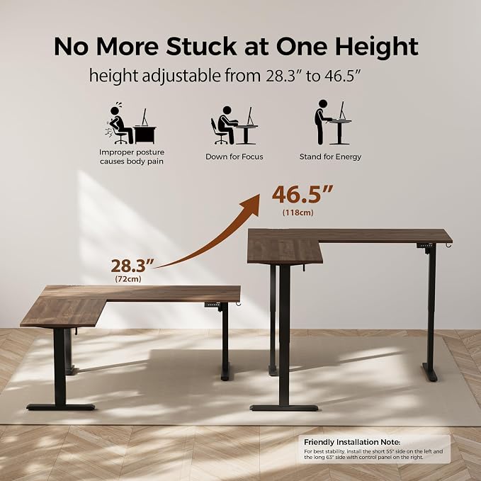 Agilestic L Shaped Standing Desk Adjustable Height, 75 Inch, Dark Walnut | Electric Height Adjustable, Spacious Corner Desktop, Sturdy Steel Frame, Memory Presets, 176 lbs, Splice Board - Image 5