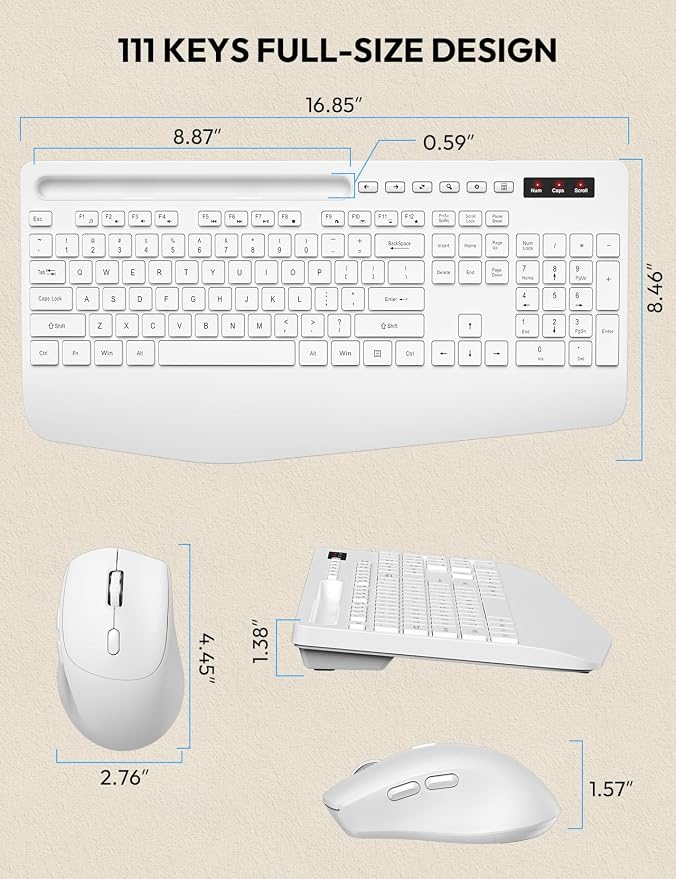 Wireless Keyboard and Mouse Combo, Full Size, Ergonomic Wrist Rest | 2.4G Lag-Free, 3-Level DPI, Phone Holder, Silent Typing, KM23D Batteries Powered Set for PC, Laptop, Windows, macOS (White) - Image 9