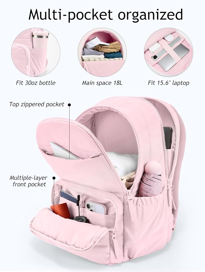 Uselike Travel Backpack for Women, 15.6 Inch Laptop Backpack, Quilted College Bookbag, Cute Work Backpacks, Water Resistant (Light Pink) - Image 2