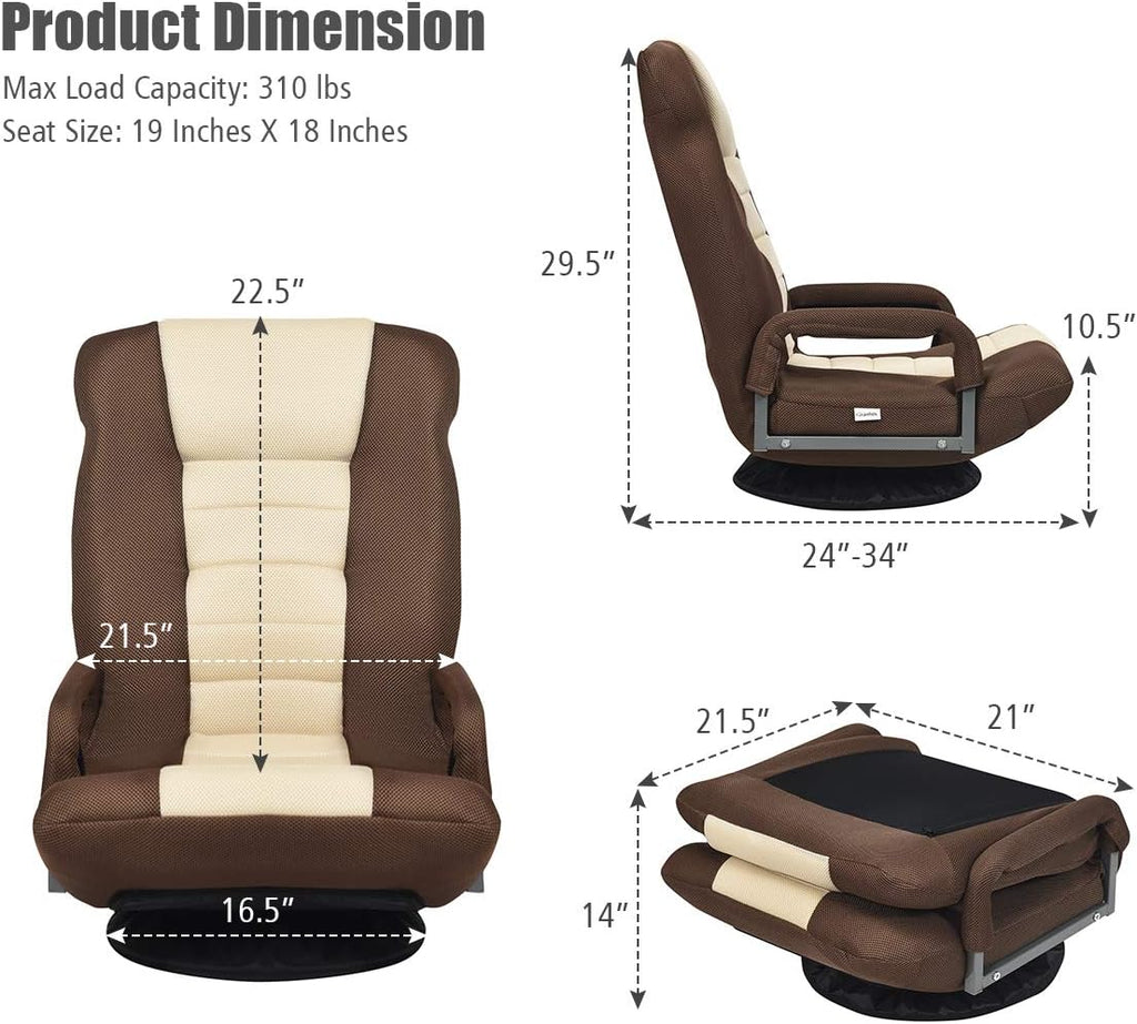 GIANTEX Floor Chair with 360 Degree Swivel Base, Adjustable Backrest, Lumbar Support, Armrest, Foldable Lazy Sofa Rocker for TV, Reading, Playing Video Games, Gaming Chair Floor, Beige/Brown - Image 3