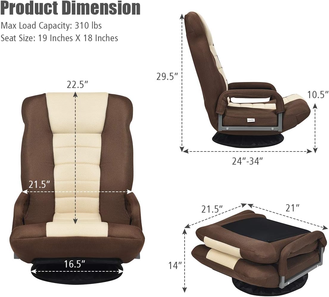 GIANTEX Floor Chair with 360 Degree Swivel Base, Adjustable Backrest, Lumbar Support, Armrest, Foldable Lazy Sofa Rocker for TV, Reading, Playing Video Games, Gaming Chair Floor, Beige/Brown - Image 3