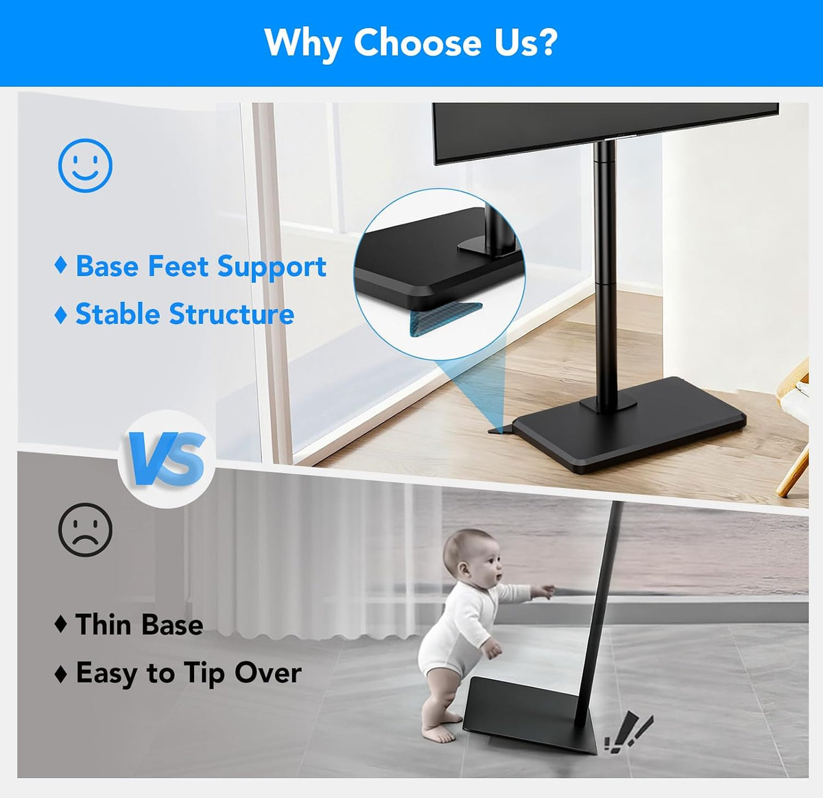 Floor TV Stand with Mount for 26-60 inch TVs up to 77 lbs, Height Adjustable/Swivel/Tilt Tall Standing TV Stand for Bedroom,Dorm, Living Room and Corner,Wood Base Saving Space Design,Black - Image 3