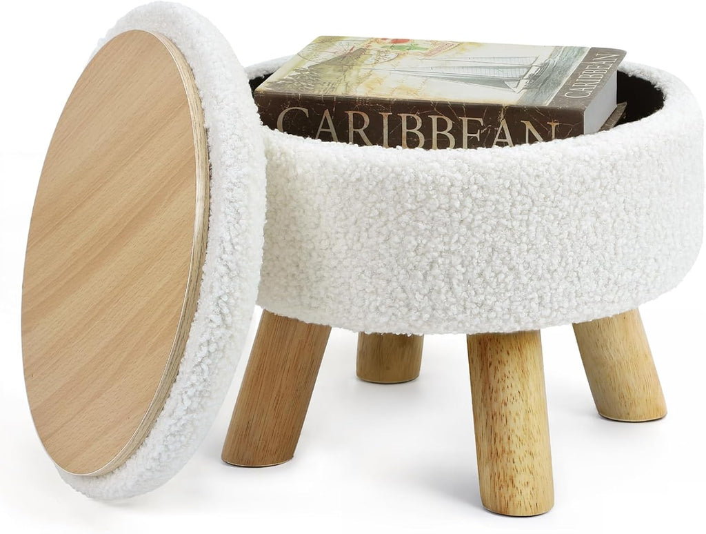 Ottoman Foot Stool, Small Ottoman with Storage,Round Storage Ottoman with Wood Legs, Soft Sponge Storage Footstool for Living Room, Bedroom, Couch, Enterway (Cream) by OGEMXU