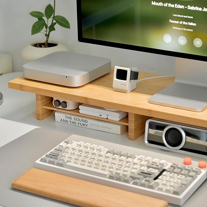 Bamboo Dual Monitor Stand Riser, 2-Tier Desk Shelf with Storage | 39.37-Inch Wide, 300 lbs Capacity, Removable Shelf for Monitors, Printer or TV in Home office, Natural - Image 3