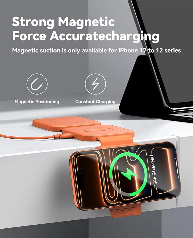3 in 1 Charging Station for Apple, Foldable Magnetic Wireless Charger Dock | Travel Charging Pad for Multiple Devices iPhone 17 16 15 14 13 12 Pro Max Plus Apple Watch Series & AirPods 4/3/2/Pro Orange - Image 4