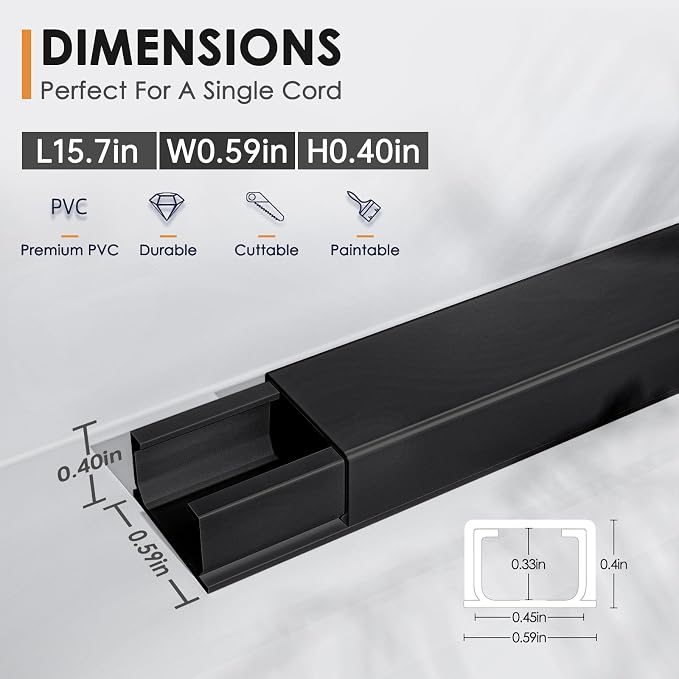 Delamu 236in Cord Hider, One-Wire Cord Covers for Wires on Wall, Easy-to-Install Cable Hiders for Mounted Tv, Cable Management Kit, Cable Raceways, W0.59 H0.4in, Black - Image 2