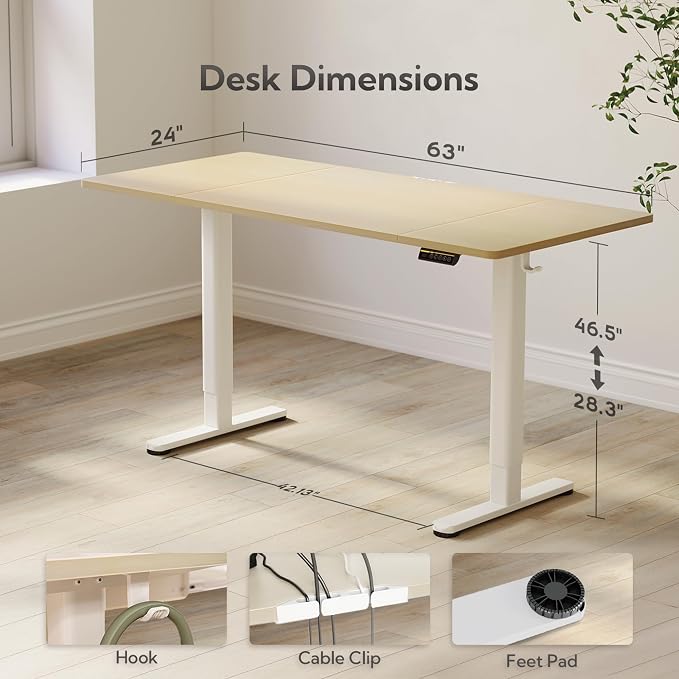 Claiks Electric Height Adjustable Standing Desk, 63x24 Inch, Nature | Smooth Height Adjustment, 3 Memory Presets, Cable Management Hub&Hook, Stable Steel Frame, 176lbs Capacity, Easy Assembly - Image 3