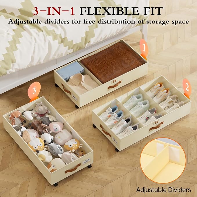 Yecaye Under Bed Storage with Wheels, 4 Pack Under Bed Storage Containers with Adjustable Dividers & Clear Window, Rolling Underbed Organizer Bins Drawers for Clothes, Shoes, Blankets, Beige - Image 3
