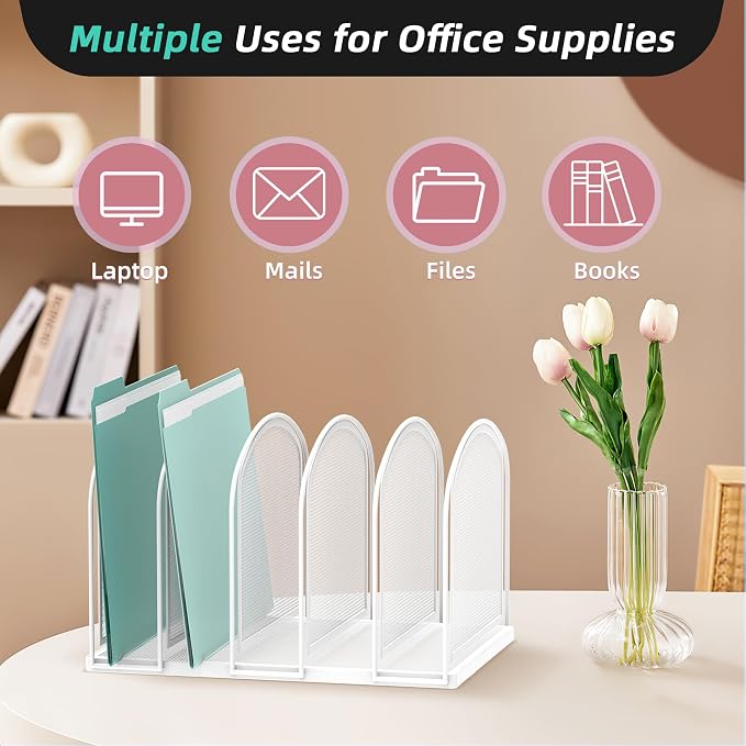File Organizer 5-Section Mesh Desk Organizer, Upright File Organizer Desktop Organizer File Sorter, File Folder Holder for Office Supplies, White | 5 Vertical Compartments with Sturdy Metal Base for Office Documents Books Magazines and Laptop - Image 6