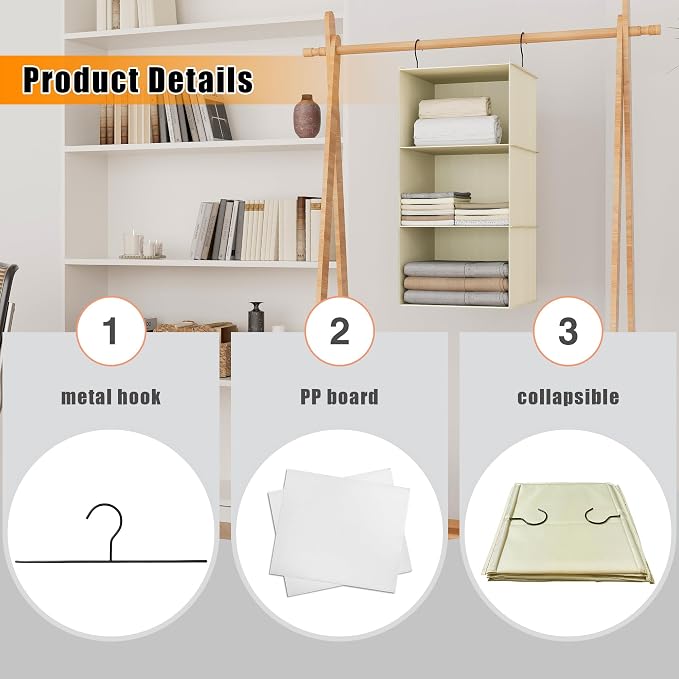 Hanging Closet Organizer 3-Shelf, Oxford Fabric Wardrobe Storage, Beige | Easy-mount foldable design holds clothes, handbags, shoes & accessories; washable Oxford fabric, sturdy and space-saving. - Image 6