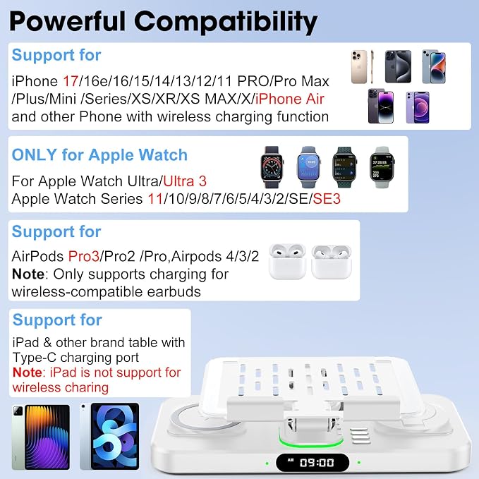 6 in 1 Wireless Charger for Apple Multiple Devices, Charging Station with Clock &7 Color Ambient Light, Foldable Rotate Stand for iPad, for iPhone17/16/15, Support for Apple Watch11/10 For AirPods4 - Image 2