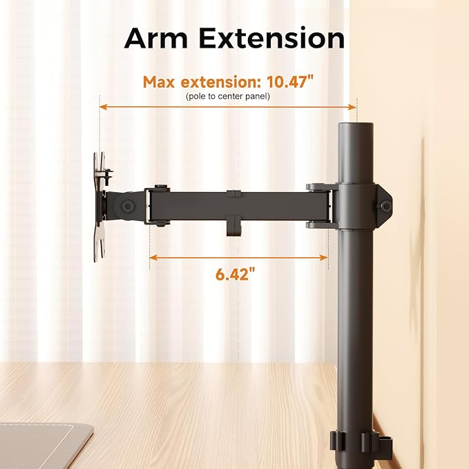 suptek Single Monitor Arm, Universal 1 Tier Arm Fully Adjustable Pole Mount Bracket Monitor Mounting for 13 to 32 inch Screen, Weight up to 22lbs, Mounting Holes 75x75mm to 100x100mm,Black - Image 4