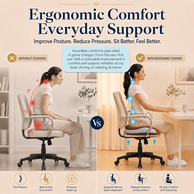 Memory Foam Ergonomic Seat Cushion for Office Chairs Pain Relief | Suitable for prolonged sitting, relieves tailbone pain, fits office chairs, wheelchairs, car seats and computer desk chairs - Image 8