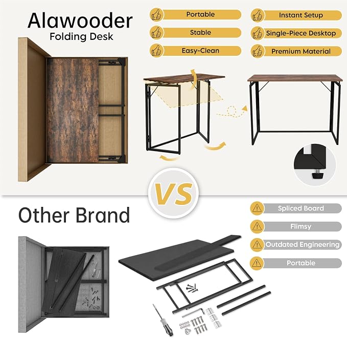 31.5" Folding Desk: No Assembly, Wood Top for Small Spaces | Home office desk, holds 150 lbs, folds flat to 2.3 in, splash-proof wood top, sturdy metal frame - Image 8