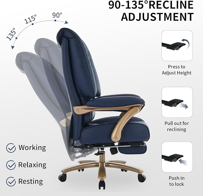 EXCEBET Big and Tall Executive Office Chair with Footrest, 400LBS Capacity Ergonomic High-Back Desk Office Chair with Lumbar Support, Padded Armrests & Thick Cushion, Blue PU Leather Chairs - Image 5