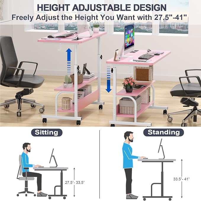 32" Rolling Standing Desk with Charging Station for Couch Bed | Height Adjust 27.5-41", 2 AC/3 USB, Mobile 4 Lockable Wheels, 2-tier Shelves Hook, Safe Corner Fast Assembly - Image 6
