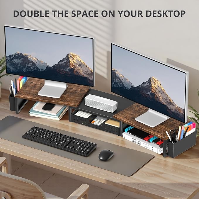 Desk Organizers and Accessories, Dual Monitor Stand Riser with Drawer and 2 Pen Holders, Desk Shelf Computer Racks for Office Workspace Organizers, Desktop Organization (Rustic Brown) - Image 3