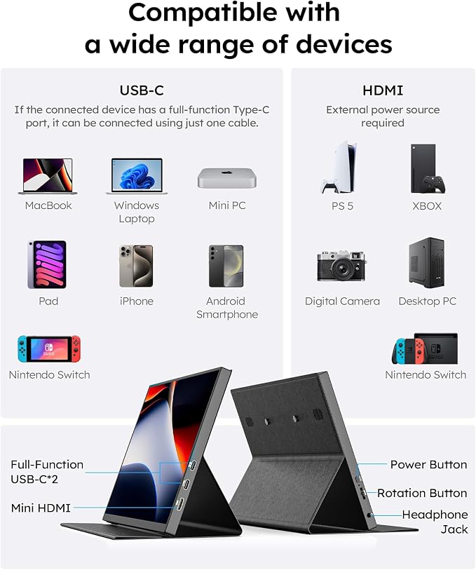 Portable Monitor,10.5" HDR 1280P Ultra-Thin 100% sRGB Travel Portable Monitor for Laptop, 420 Nits Mini Secondary Display with Protective Case & Speaker, Monitors for Laptop, PC Mac Phone PS4/5 Xbox - Image 5