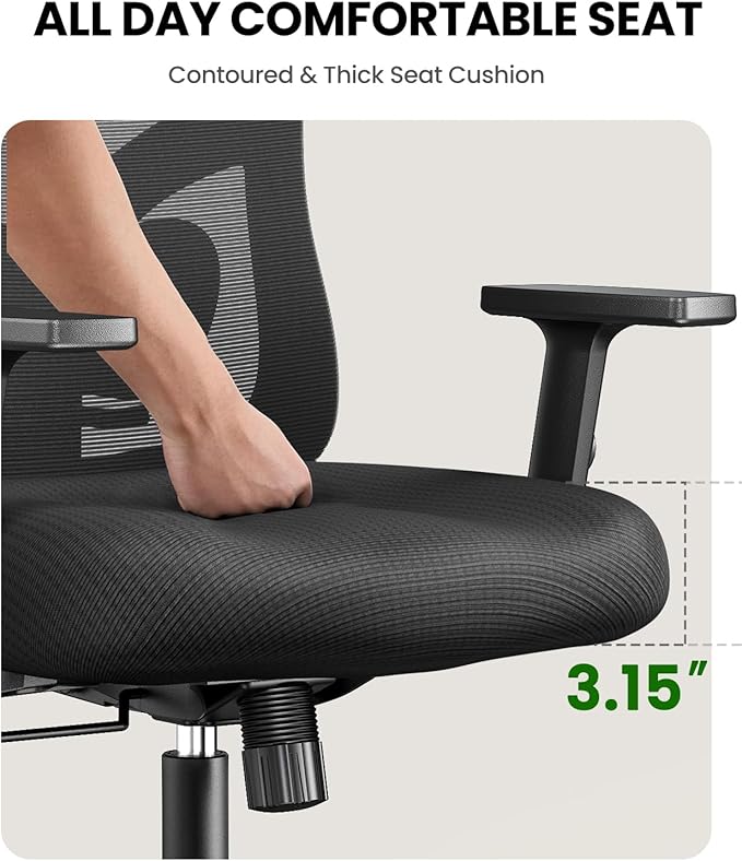 Marsail Ergonomic Office Chair with Lumbar Support and 2D Headrest | Adjustable armrests, contoured seat cushion, breathable design, smooth-rolling wheels, reclining function, height adjustment - Image 6