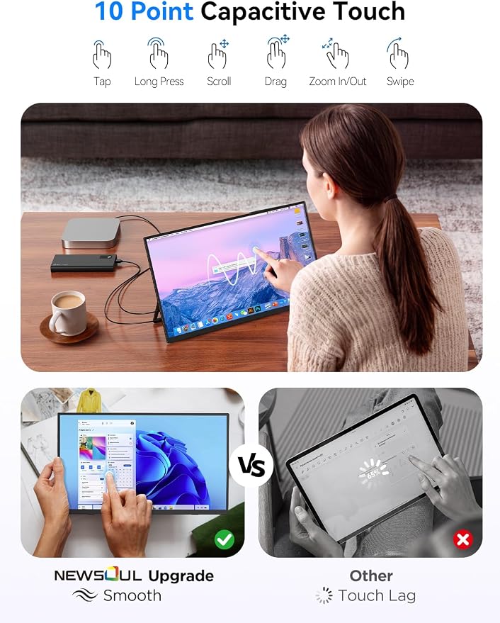4K Portable Monitor Touchscreen 15.6'', 3840x2160 125% sRGB Laptop Monitor | UHD 10-Point Touch Ultra-Slim Travel Monitor with Kickstand, VESA, USB-C Mini HDMI Second Screen for Laptop, PC, Phone - Image 3