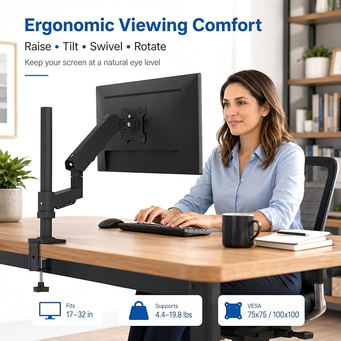 Long Reach Single Monitor Arm, Spring Desk Mount, 17-32 Inch, VESA | Long-reach spring arm adds movement space; rotatable arm collars and anti-slip rings support flexible screen positioning. - Image 6