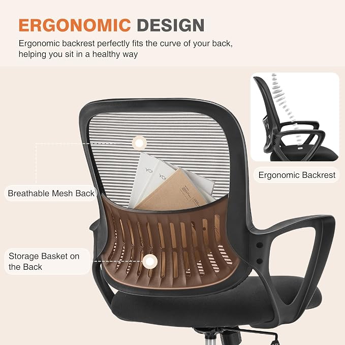 Sweetcrispy Home Office Managerial Executive Chair with Ergonomic Design | Mid-Back Mesh 360° Swivel, Comfortable Lumbar Support, Comfy Arms for Bedroom,Study,Student, Black - Image 3