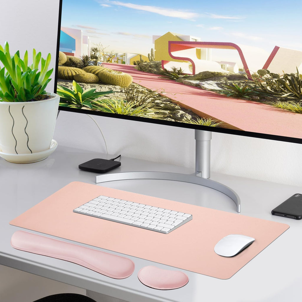 Pink Desk Mat and Keyboard Wrist Rest, Non-Slip Large Mouse Pad + Keyboard Pad + Mouse Wrist Support, Computer Mat Protector for Office, Home(27.6" x 13.8") - Image 2