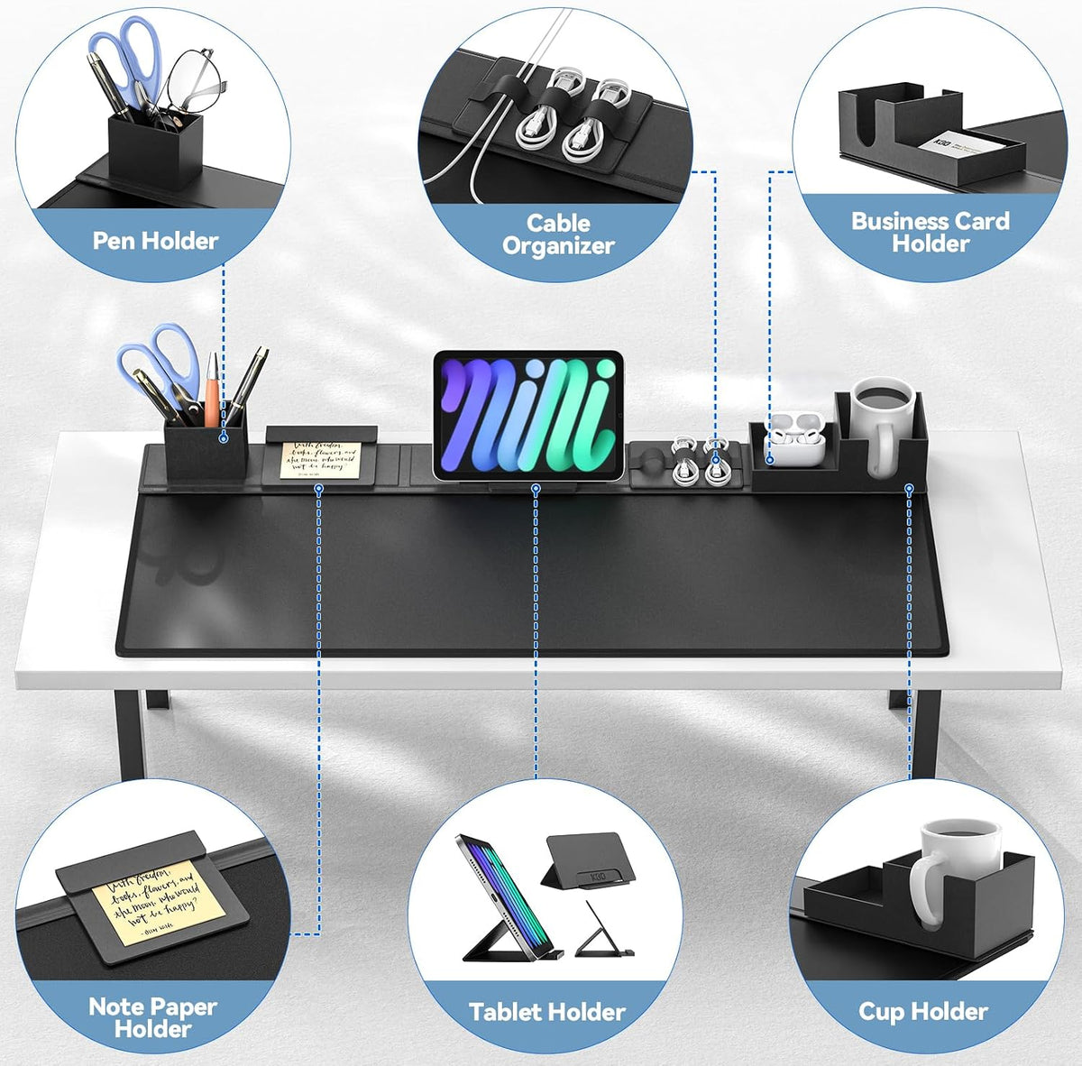KDD Desk Pad Mat Set, 6 in 1 Mouse Mat with Magnetic Desktop Storage Accessories DIY Feature for Phone and Tablet Stand/Cup Holder/Pen Card Holder/Cable Management for Home Office Accessories - Image 2