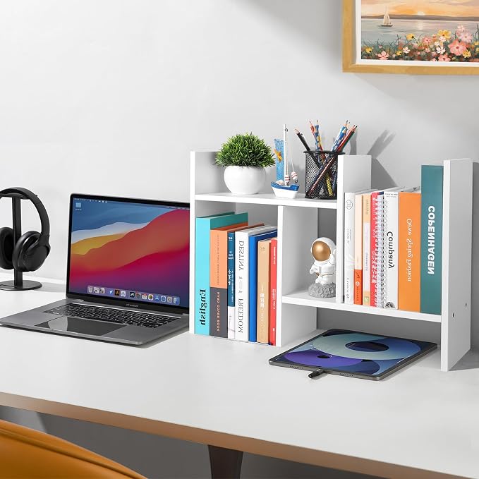 CITLOW Desktop Shelf Organizer - Adjustable Wood Desktop Bookshelf, Table Top Shelves, Desk Book Organizer for Office Supplies and Home Décor (White) - Image 2