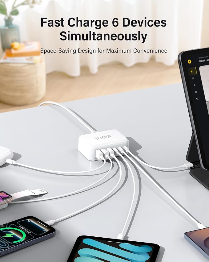 USB C Charger Block, GaN Fast USB Charging Station Hub with 100W Max 6-Port | 3 USB-C & 3 USB-A Compact Desktop Charger for Home Office, PD20W USB Power Strip for iPad iPhone 17 16 15 14 Pro Max Galaxy - Image 4