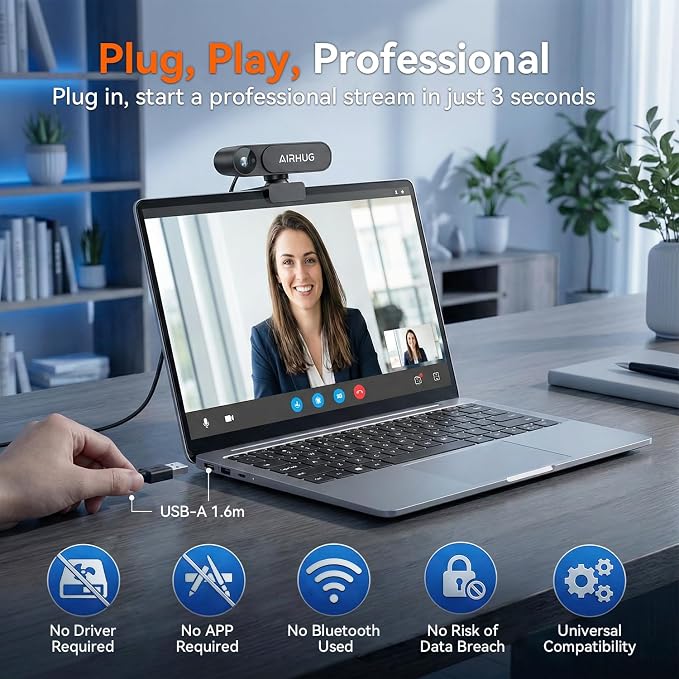 AIRHUG 4K UHD USB Webcam No Mic with Privacy Cover, USB Camera | 16MP Sony Sensor, PDAF Fast Focus, 63° Gold FOV, Auto Light Correction, Privacy Cover for Secure Meetings - Image 8