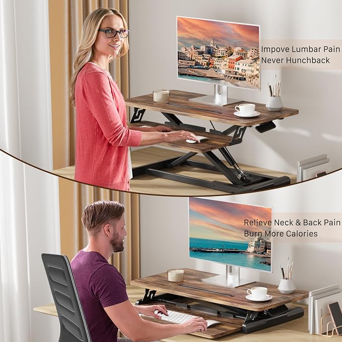 JOY worker Standing Desk Converter, 32" Height Adjustable Sit Stand Riser | Rustic Brown Table Top Stand Up desk with Fixed Keyboard Tray, Monitor and Laptop Workstation, Particle Board, Home Office - Image 5