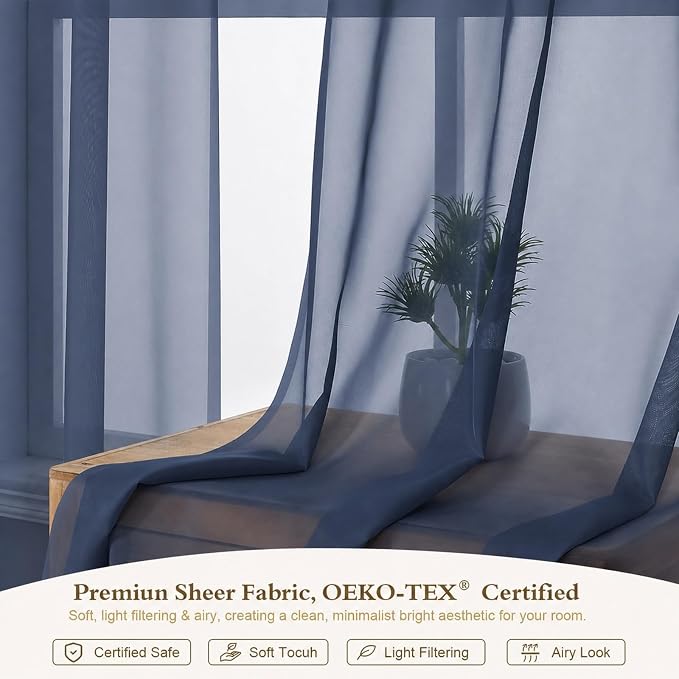 Navy Blue Sheer Curtains 84 inches Long for Living Room 2 Panels Set | Sheer White Curtains for Bedroom, Rod Pocket Airy Light Filtering Window Treatments, 2pcs, Each Panel 42" Width x 84" Long - Image 3
