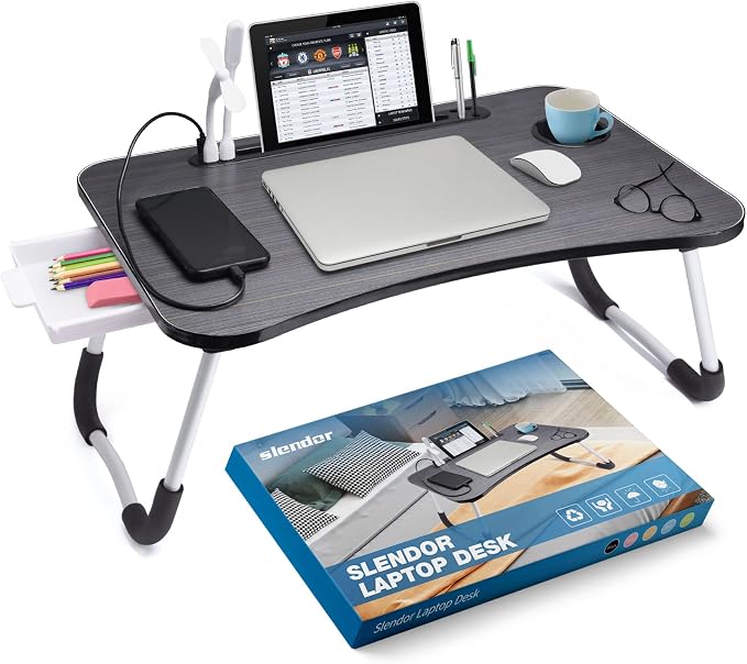 Slendor Bed Desk for Laptop and Writing with Storage, Cup Holder, Light | Fan, Pen Holder,Tablet Holder,Foldable, for Bed, Couch, Floor, Portable,Black by Slendor