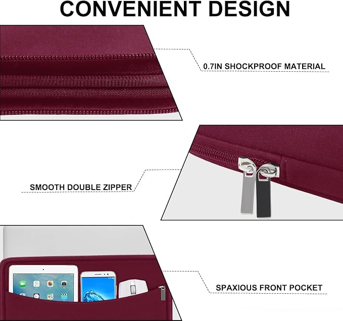 Laptop Sleeve 15.6 inch, Shockproof Protective Laptop Cover Briefcase Carrying Bag with Accessory Pocket, Portable Computer Case Compatible with MacBook, HP, Dell, Lenovo, Asus, Wine Red - Image 3