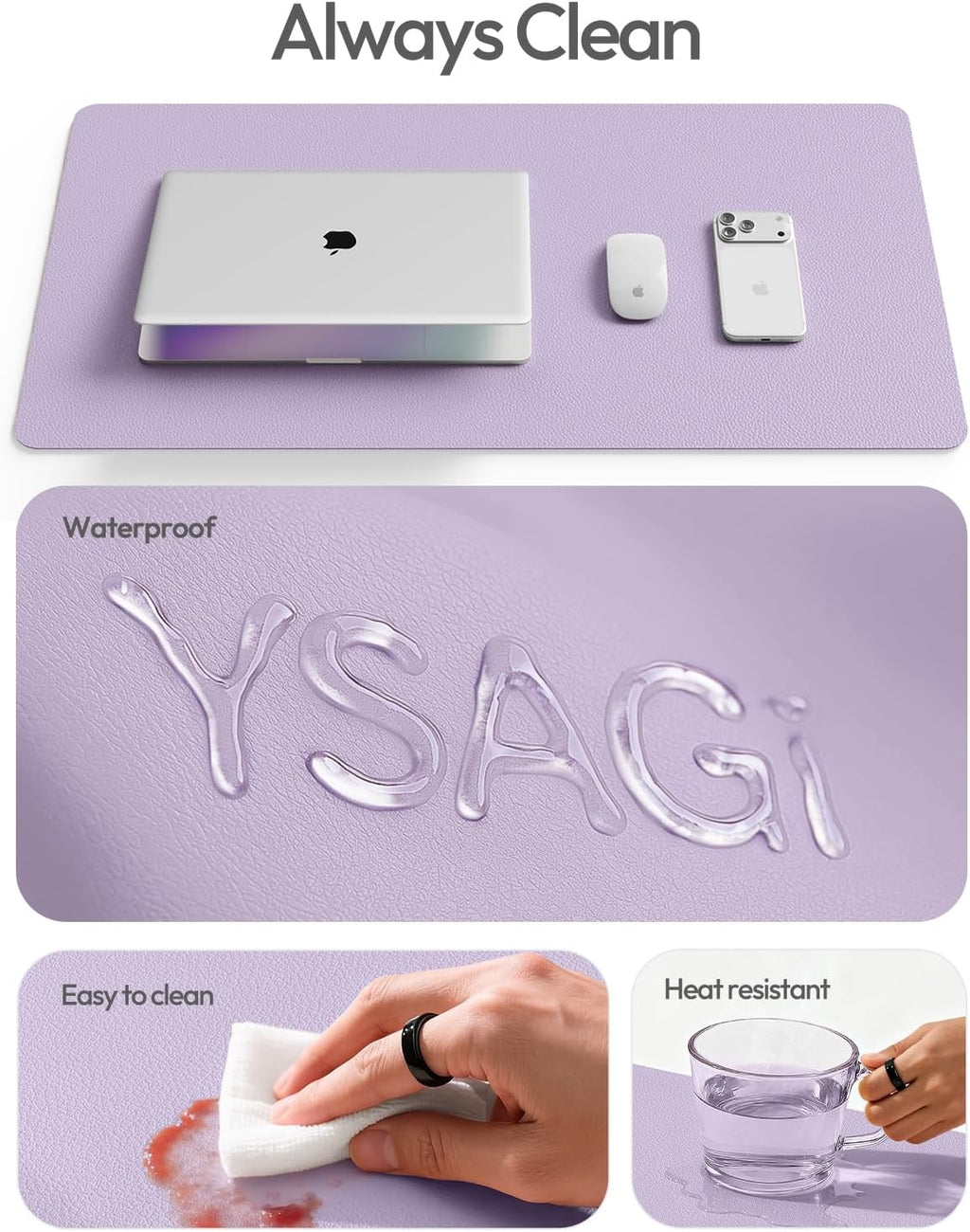 YSAGi Leather Desk Protector, Office Mat, Large Mouse Mat, Non-Slip PU Leather Blotter, Laptop Desk Pad, Waterproof Writing Pad for Office and Home (Light Purple, 47.2" x 23.6") - Image 8