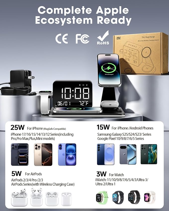7-in-1 Magnetic Wireless Charging Station with Digital Clock & LED Lamp | 65W Power Adapter, 25W Fast Charging, 6-Device Charging Hub, Rotatable Stand, Bluetooth TimeSync, Qi Magsafe Compatible - Image 8