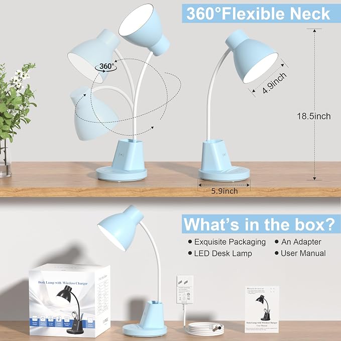 10W Wireless Charging LED Desk Lamp with Pen Holder, CRI 95, Blue | 800LM, 3 Modes, 360°Flexible Arm, Touch, Brightness, Table Lamp for Home Office, Dorm, Bedside, Study, Reading, with Adapter - Image 5