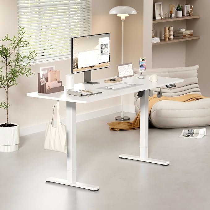 YESHOMY Height Adjustable Electric Standing Desk, 55 x 24 Inches Memory Home Office Sit Stand up Desk with Phone Holder and USB Charging Port, White - Image 2