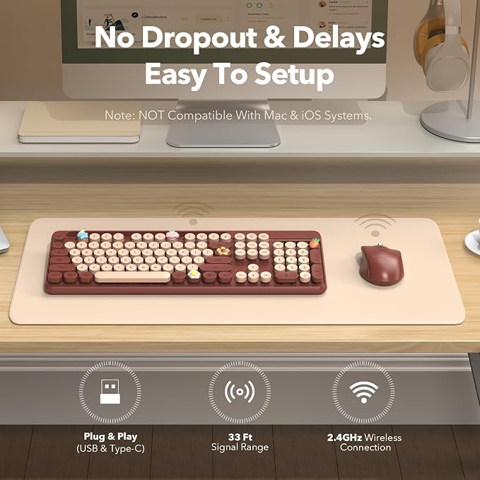 Wireless Keyboard and Mouse Combo, Retro Round Keycaps, Full-Size Cute Typewriter Keyboard with Large Phone/Tablet Holder, Auto-Sleep, 2.4GHz Cordless Connection for Windows/PC/Laptop (Wine Red) - Image 7