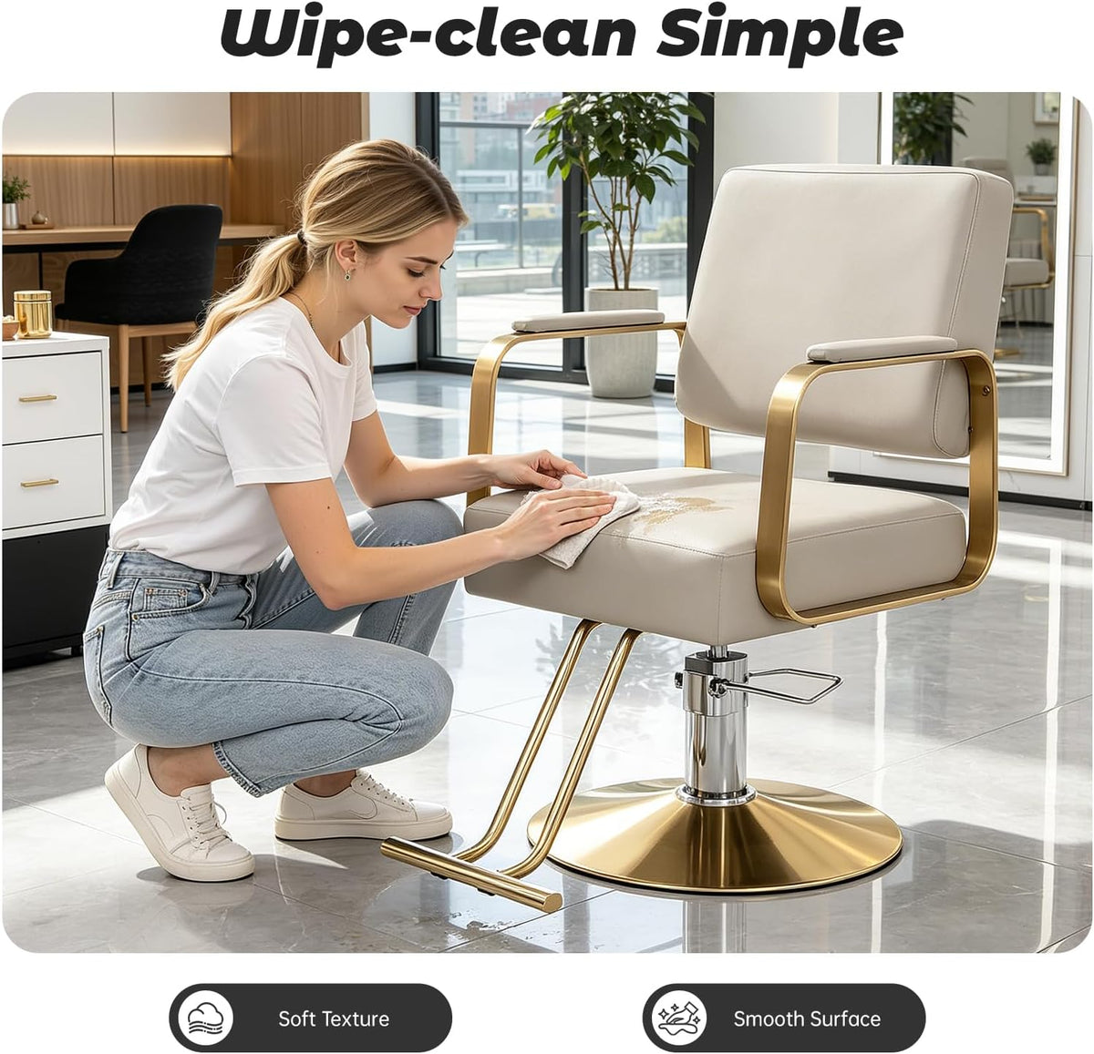 1PCS Swivel Styling Salon Chair with Hydraulic Pump, Gold + Beige - Image 6