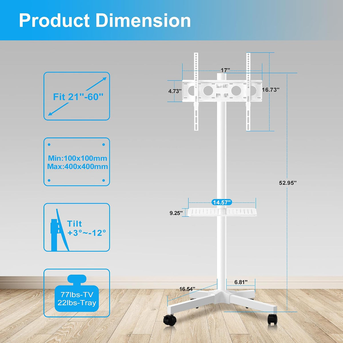 Mobile TV Carts on Wheels for 21-60 Inch Flat/Curved Panel Screens TVs - Height Adjustable Floor Trolley Stand with Shelf Holds up to 77lbs - Max VESA 400x400mm, White - Image 2