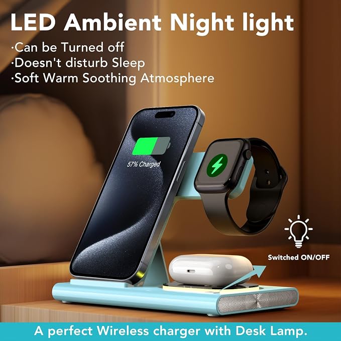 3 in 1 Foldable Wireless Fast Charging Station for Apple Multiple Devices | iPhone Charging Station for iPhone 17, Travel iWatch Charger Stand, Light Nightstand Charging Dock for Apple Watch/Airpods - Image 2