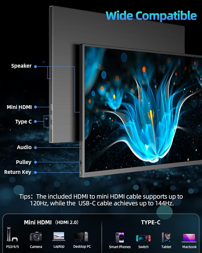 UPERFECT 18" 2K 144Hz Portable Monitor, 100% DCI-P3 400 Nits Gaming Display | QLED 2560×1600 FreeSync HDR Ultra-Slim USB-C/HDMI Monitor for Laptop Phone Game Console - Image 6