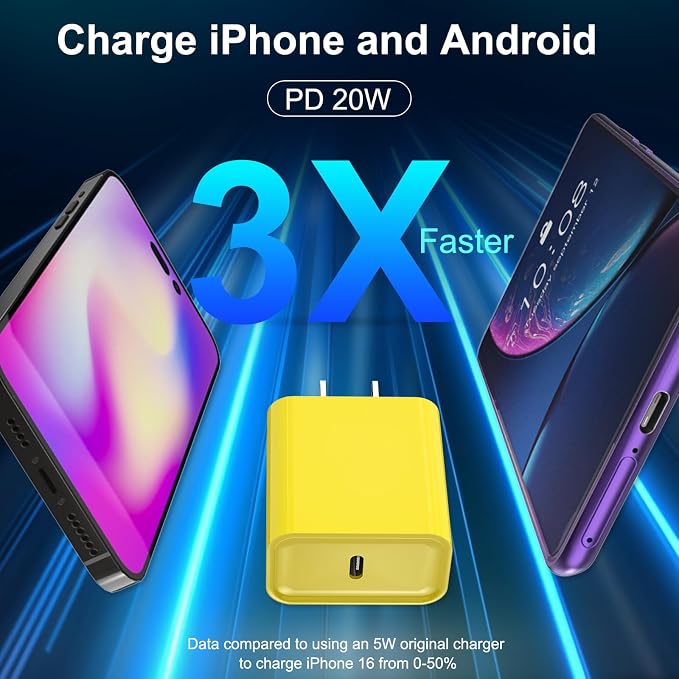iPhone 17 16 15 Charger Fast Charging 10FT Long Cord with USBC Block Yellow | 3 Pack PD 20W USB C Charger with Cord, Type C Chargers Block for iPhone 17/17 Pro/17 Pro Max/16/16 Pro/16 Pro Max/15 - Image 3