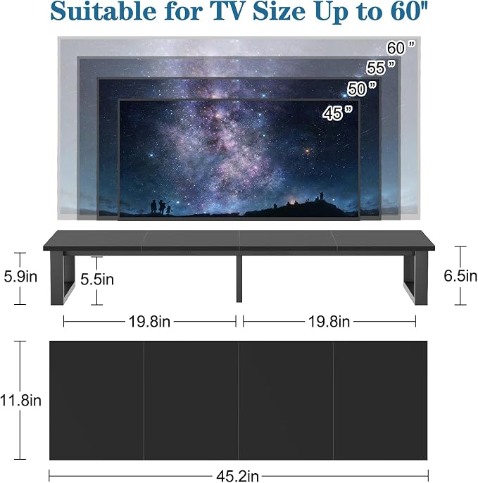 aboxoo 45" TV Riser for 32-60 inch TV, TV Shelf with Steel Legs | Black TV Riser Stand with Storage, Tabletop TV Riser for Home Living Room, Study Office, Fit TV, Monitor, Laptop - Image 2